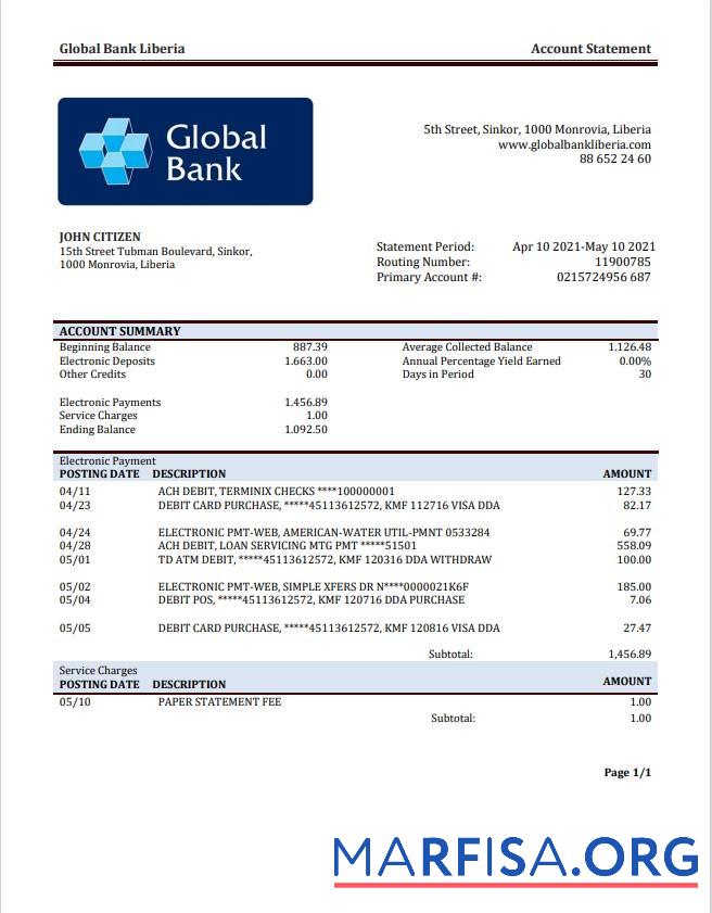 Blank Liberia Global bank statement word example